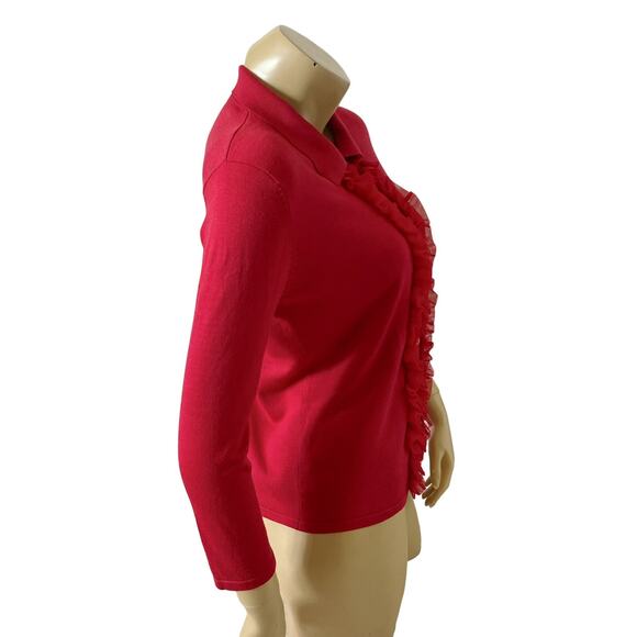 MARY JANE MARCASIANO Womens Size Small Silk Blend Red Ruffled Cardigan Sweater - Picture 3 of 6